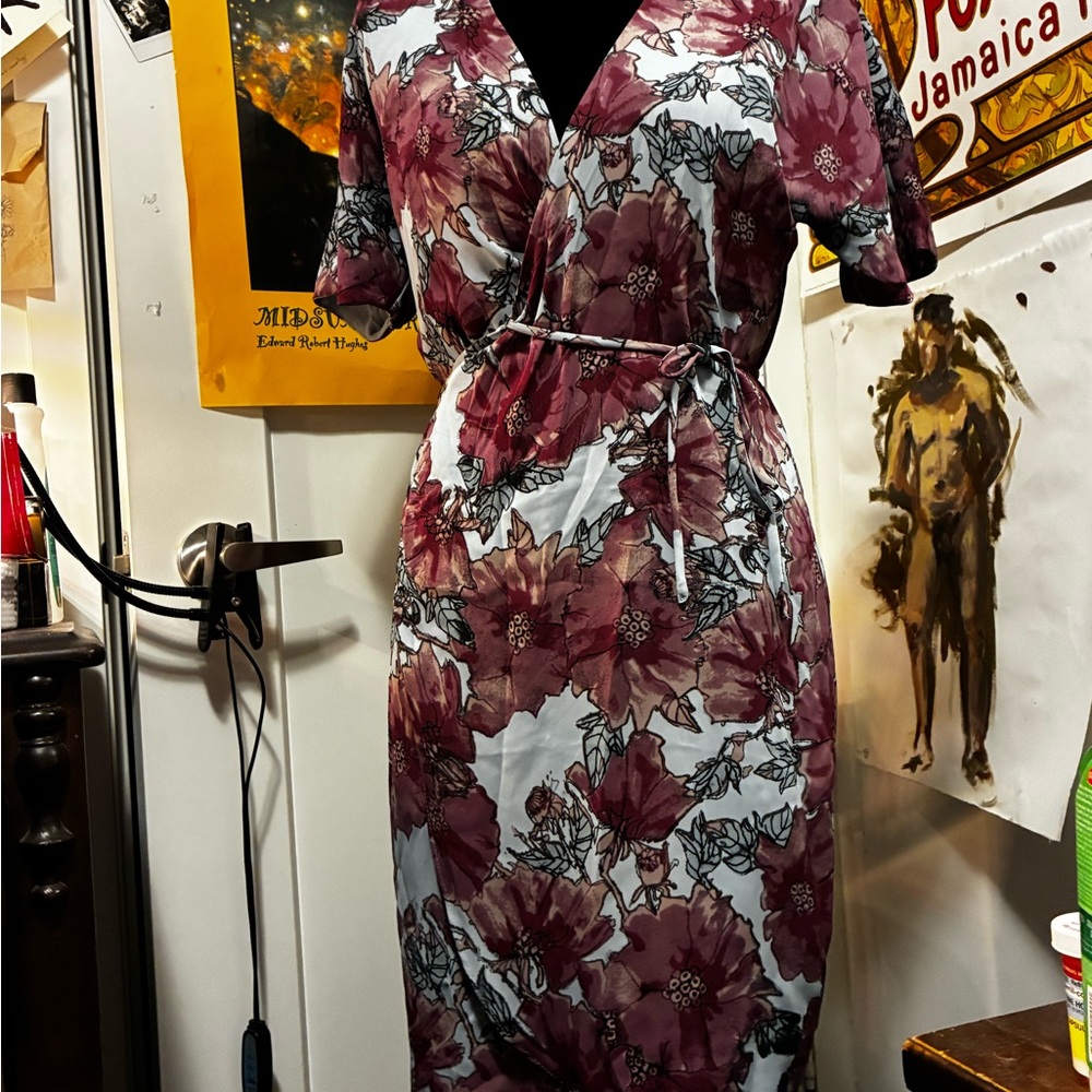 Babaton Burgundy Floral Wrap Midi Dress on White